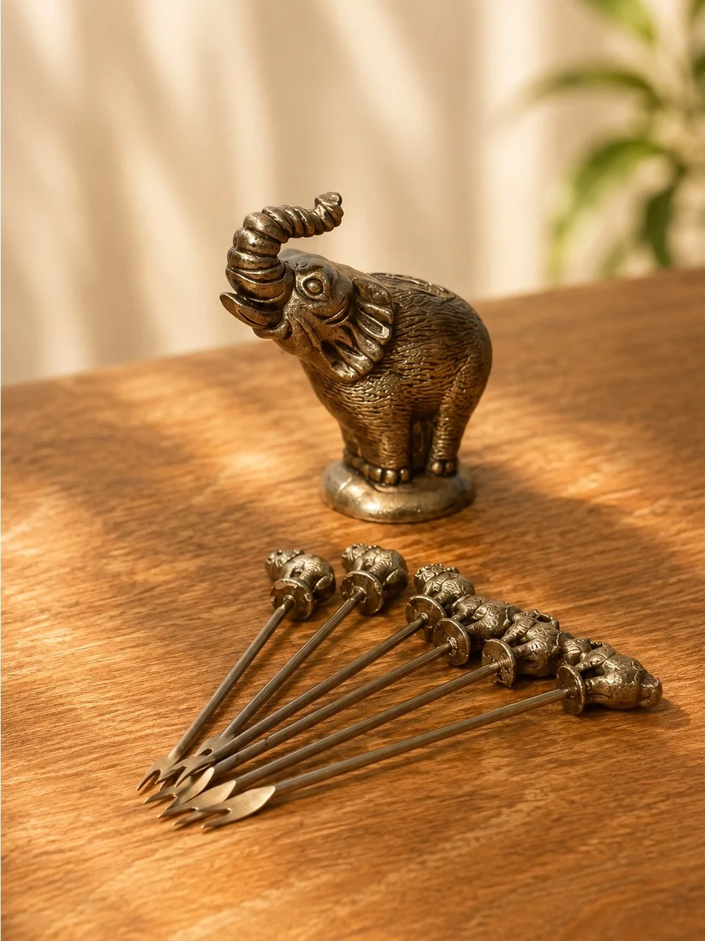 Antique Brass Elephant Olive Picks with Holder - Brown